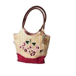 Tommy Hilfiger Floral Embroidered Tote Bag - Red and Tan